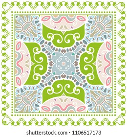 Decorative colorful ornament on white background, symmetric pattern with doodle lace frame. Tribal ethnic mandala decor. Bandana shawl, tablecloth fabric print, silk neck scarf, kerchief design