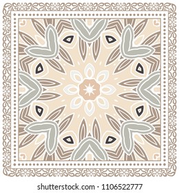 Decorative colorful ornament on white background, symmetric pattern with doodle lace frame. Tribal ethnic mandala decor. Bandana shawl, tablecloth fabric print, silk neck scarf, kerchief design