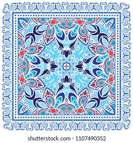 Decorative colorful ornament on white background, symmetric pattern with doodle lace frame. Tribal ethnic mandala decor. Bandana shawl, tablecloth fabric print, silk neck scarf, kerchief design