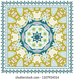 Decorative colorful ornament on white background, symmetric pattern with doodle lace frame. Tribal ethnic mandala decor. Bandana shawl, tablecloth fabric print, silk neck scarf, kerchief design