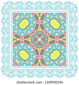 Decorative colorful ornament on white background, symmetric pattern with doodle lace frame. Tribal ethnic mandala decor. Bandana shawl, tablecloth fabric print, silk neck scarf, kerchief design