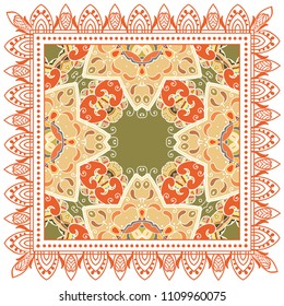 Decorative colorful ornament on white background, symmetric pattern with doodle lace frame. Tribal ethnic mandala decor. Bandana shawl, tablecloth fabric print, silk neck scarf, kerchief design