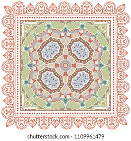 Decorative colorful ornament on white background, symmetric pattern with doodle lace frame. Tribal ethnic mandala decor. Bandana shawl, tablecloth fabric print, silk neck scarf, kerchief design