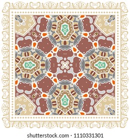 Decorative colorful ornament on white background, symmetric pattern with doodle lace frame. Tribal ethnic mandala decor. Bandana shawl, tablecloth fabric print, silk neck scarf, kerchief design