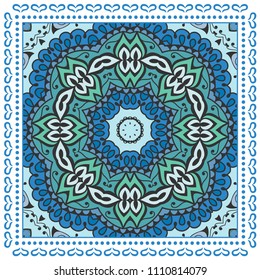 Decorative colorful ornament on white background, symmetric pattern with doodle lace frame. Tribal ethnic mandala decor. Bandana shawl, tablecloth fabric print, silk neck scarf, kerchief design