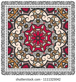 Decorative colorful ornament on white background, symmetric pattern with doodle lace frame. Tribal ethnic mandala decor. Bandana shawl, tablecloth fabric print, silk neck scarf, kerchief design