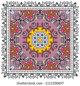 Decorative colorful ornament on white background, symmetric pattern with doodle lace frame. Tribal ethnic mandala decor. Bandana shawl, tablecloth fabric print, silk neck scarf, kerchief design