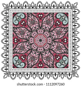 Decorative colorful ornament on white background, symmetric pattern with doodle lace frame. Tribal ethnic mandala decor. Bandana shawl, tablecloth fabric print, silk neck scarf, kerchief design