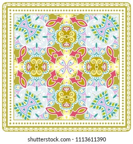 Decorative colorful ornament on white background, symmetric pattern with doodle lace frame. Tribal ethnic mandala decor. Bandana shawl, tablecloth fabric print, silk neck scarf, kerchief design