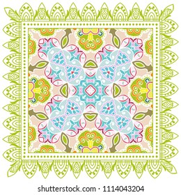 Decorative colorful ornament on white background, symmetric pattern with doodle lace frame. Tribal ethnic mandala decor. Bandana shawl, tablecloth fabric print, silk neck scarf, kerchief design