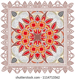 Decorative colorful ornament on white background, symmetric pattern with doodle lace frame. Tribal ethnic mandala decor. Bandana shawl, tablecloth fabric print, silk neck scarf, kerchief design