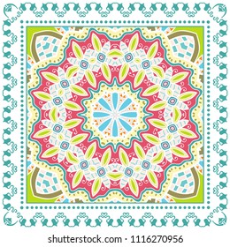 Decorative colorful ornament on white background, symmetric pattern with doodle lace frame. Tribal ethnic mandala decor. Bandana shawl, tablecloth fabric print, silk neck scarf, kerchief design