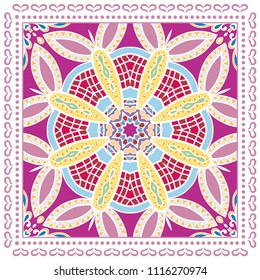 Decorative colorful ornament on white background, symmetric pattern with doodle lace frame. Tribal ethnic mandala decor. Bandana shawl, tablecloth fabric print, silk neck scarf, kerchief design