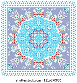 Decorative colorful ornament on white background, symmetric pattern with doodle lace frame. Tribal ethnic mandala decor. Bandana shawl, tablecloth fabric print, silk neck scarf, kerchief design