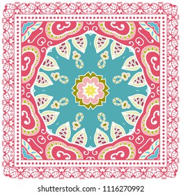Decorative colorful ornament on white background, symmetric pattern with doodle lace frame. Tribal ethnic mandala decor. Bandana shawl, tablecloth fabric print, silk neck scarf, kerchief design