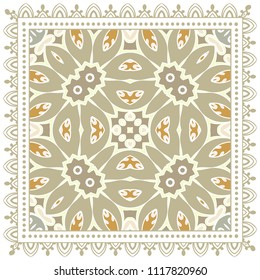 Decorative colorful ornament on white background, symmetric pattern with doodle lace frame. Tribal ethnic mandala decor. Bandana shawl, tablecloth fabric print, silk neck scarf, kerchief design