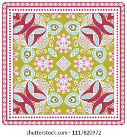 Decorative colorful ornament on white background, symmetric pattern with doodle lace frame. Tribal ethnic mandala decor. Bandana shawl, tablecloth fabric print, silk neck scarf, kerchief design