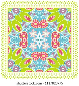 Decorative colorful ornament on white background, symmetric pattern with doodle lace frame. Tribal ethnic mandala decor. Bandana shawl, tablecloth fabric print, silk neck scarf, kerchief design
