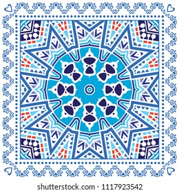 Decorative colorful ornament on white background, symmetric pattern with doodle lace frame. Tribal ethnic mandala decor. Bandana shawl, tablecloth fabric print, silk neck scarf, kerchief design