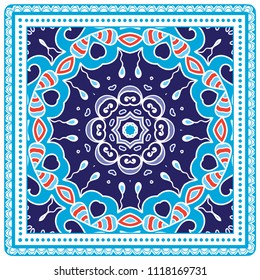Decorative colorful ornament on white background, symmetric pattern with doodle lace frame. Tribal ethnic mandala decor. Bandana shawl, tablecloth fabric print, silk neck scarf, kerchief design