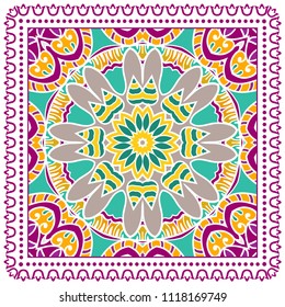 Decorative colorful ornament on white background, symmetric pattern with doodle lace frame. Tribal ethnic mandala decor. Bandana shawl, tablecloth fabric print, silk neck scarf, kerchief design