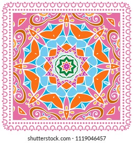 Decorative colorful ornament on white background, symmetric pattern with doodle lace frame. Tribal ethnic mandala decor. Bandana shawl, tablecloth fabric print, silk neck scarf, kerchief design