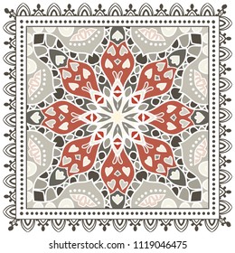 Decorative colorful ornament on white background, symmetric pattern with doodle lace frame. Tribal ethnic mandala decor. Bandana shawl, tablecloth fabric print, silk neck scarf, kerchief design