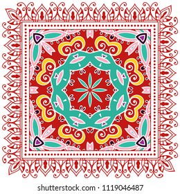 Decorative colorful ornament on white background, symmetric pattern with doodle lace frame. Tribal ethnic mandala decor. Bandana shawl, tablecloth fabric print, silk neck scarf, kerchief design