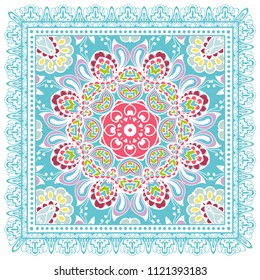 Decorative colorful ornament on white background, symmetric pattern with doodle lace frame. Tribal ethnic mandala decor. Bandana shawl, tablecloth fabric print, silk neck scarf, kerchief design