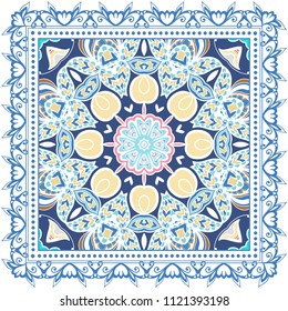 Decorative colorful ornament on white background, symmetric pattern with doodle lace frame. Tribal ethnic mandala decor. Bandana shawl, tablecloth fabric print, silk neck scarf, kerchief design