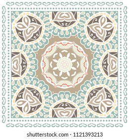 Decorative colorful ornament on white background, symmetric pattern with doodle lace frame. Tribal ethnic mandala decor. Bandana shawl, tablecloth fabric print, silk neck scarf, kerchief design