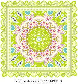 Decorative colorful ornament on white background, symmetric pattern with doodle lace frame. Tribal ethnic mandala decor. Bandana shawl, tablecloth fabric print, silk neck scarf, kerchief design