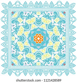 Decorative colorful ornament on white background, symmetric pattern with doodle lace frame. Tribal ethnic mandala decor. Bandana shawl, tablecloth fabric print, silk neck scarf, kerchief design