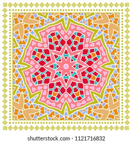 Decorative colorful ornament on white background, symmetric pattern with doodle lace frame. Tribal ethnic mandala decor. Bandana shawl, tablecloth fabric print, silk neck scarf, kerchief design