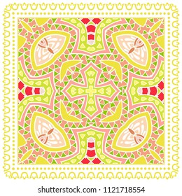 Decorative colorful ornament on white background, symmetric pattern with doodle lace frame. Tribal ethnic mandala decor. Bandana shawl, tablecloth fabric print, silk neck scarf, kerchief design