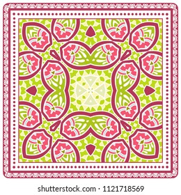 Decorative colorful ornament on white background, symmetric pattern with doodle lace frame. Tribal ethnic mandala decor. Bandana shawl, tablecloth fabric print, silk neck scarf, kerchief design