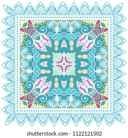 Decorative colorful ornament on white background, symmetric pattern with doodle lace frame. Tribal ethnic mandala decor. Bandana shawl, tablecloth fabric print, silk neck scarf, kerchief design