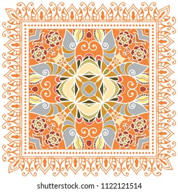 Decorative colorful ornament on white background, symmetric pattern with doodle lace frame. Tribal ethnic mandala decor. Bandana shawl, tablecloth fabric print, silk neck scarf, kerchief design