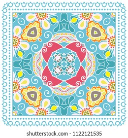 Decorative colorful ornament on white background, symmetric pattern with doodle lace frame. Tribal ethnic mandala decor. Bandana shawl, tablecloth fabric print, silk neck scarf, kerchief design