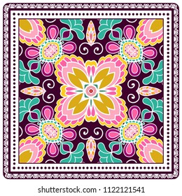 Decorative colorful ornament on white background, symmetric pattern with doodle lace frame. Tribal ethnic mandala decor. Bandana shawl, tablecloth fabric print, silk neck scarf, kerchief design