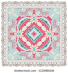 Decorative colorful ornament on white background, symmetric pattern with doodle lace frame. Tribal ethnic mandala decor. Bandana shawl, tablecloth fabric print, silk neck scarf, kerchief design