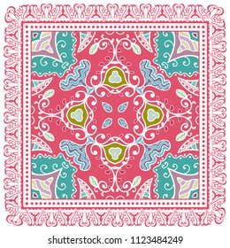 Decorative colorful ornament on white background, symmetric pattern with doodle lace frame. Tribal ethnic mandala decor. Bandana shawl, tablecloth fabric print, silk neck scarf, kerchief design