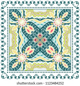 Decorative colorful ornament on white background, symmetric pattern with doodle lace frame. Tribal ethnic mandala decor. Bandana shawl, tablecloth fabric print, silk neck scarf, kerchief design