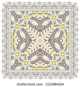 Decorative colorful ornament on white background, symmetric pattern with doodle lace frame. Tribal ethnic mandala decor. Bandana shawl, tablecloth fabric print, silk neck scarf, kerchief design