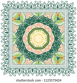 Decorative colorful ornament on white background, symmetric pattern with doodle lace frame. Tribal ethnic mandala decor. Bandana shawl, tablecloth fabric print, silk neck scarf, kerchief design