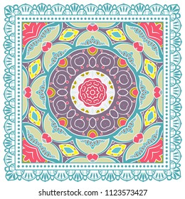 Decorative colorful ornament on white background, symmetric pattern with doodle lace frame. Tribal ethnic mandala decor. Bandana shawl, tablecloth fabric print, silk neck scarf, kerchief design