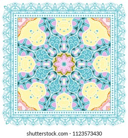 Decorative colorful ornament on white background, symmetric pattern with doodle lace frame. Tribal ethnic mandala decor. Bandana shawl, tablecloth fabric print, silk neck scarf, kerchief design