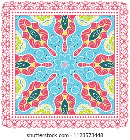 Decorative colorful ornament on white background, symmetric pattern with doodle lace frame. Tribal ethnic mandala decor. Bandana shawl, tablecloth fabric print, silk neck scarf, kerchief design