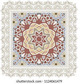 Decorative colorful ornament on white background, symmetric pattern with doodle lace frame. Tribal ethnic mandala decor. Bandana shawl, tablecloth fabric print, silk neck scarf, kerchief design
