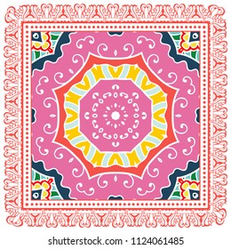 Decorative colorful ornament on white background, symmetric pattern with doodle lace frame. Tribal ethnic mandala decor. Bandana shawl, tablecloth fabric print, silk neck scarf, kerchief design
